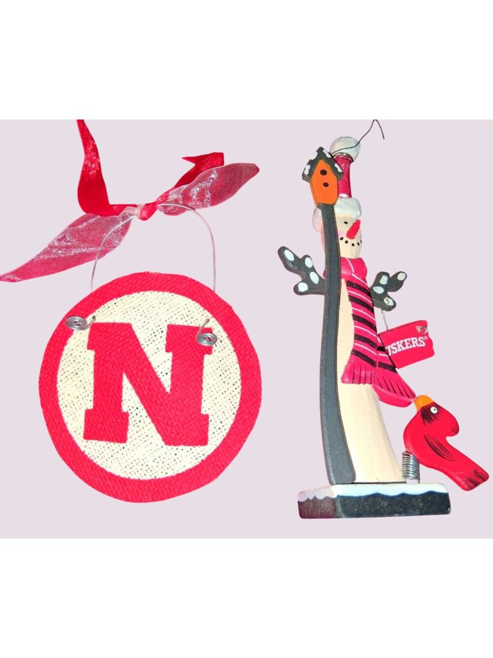 Nebraska Huskers Snowman & Cardinal Figurine With Hanging Ornament Set Red & Whi